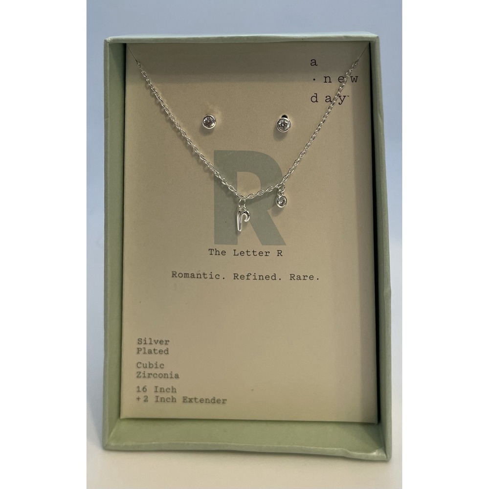 A New Day Silver-Plated 16" Initial 'r' Necklace & Cubic Zirconia Earrings Set